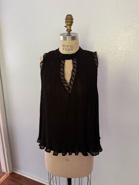 San Joy Black Sleeveless Pleated Lace-Trim Top